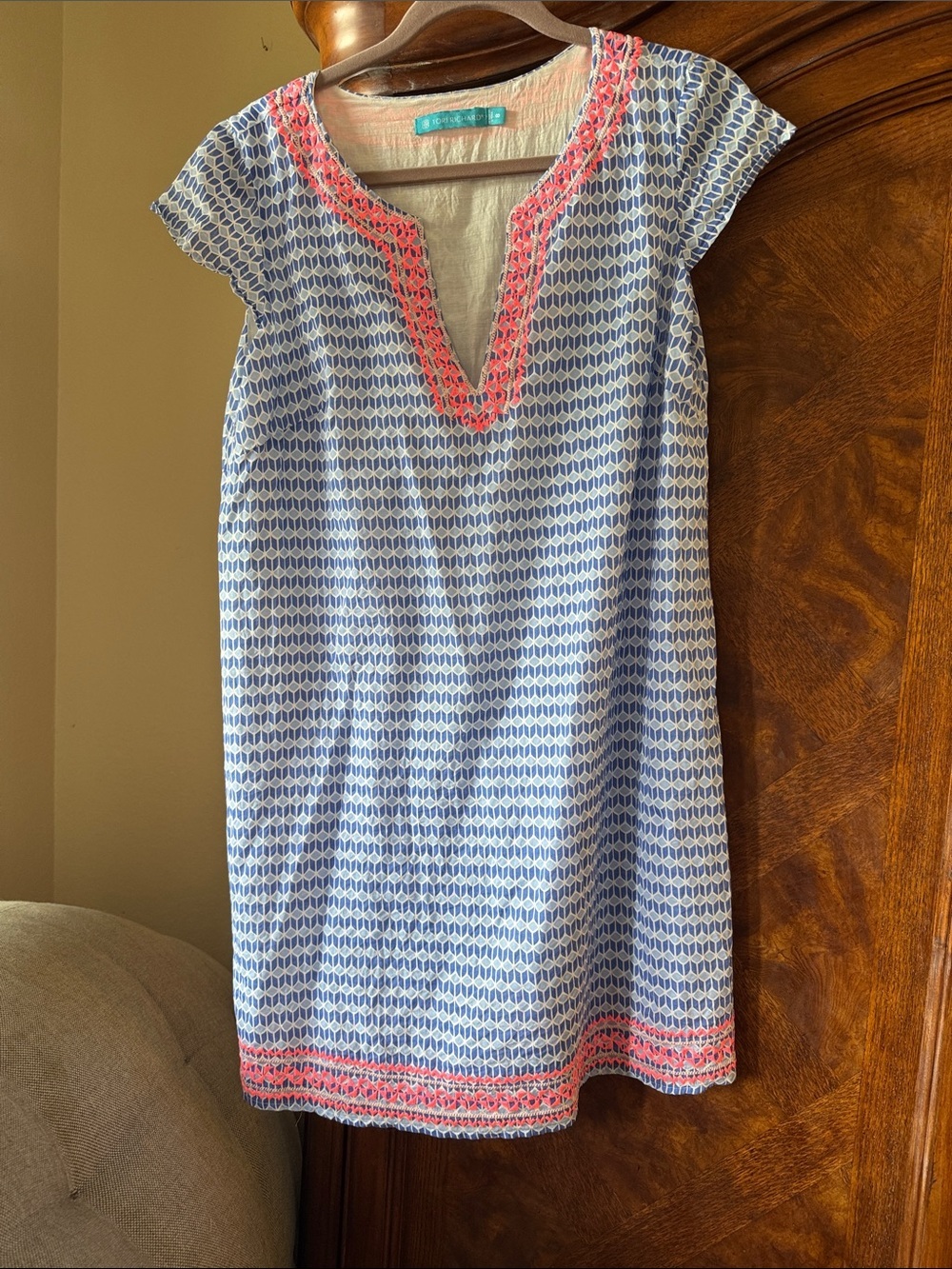 Tori Richard Blue and White Geometric Pattern Tunic Neon Pink Embroidery size 8